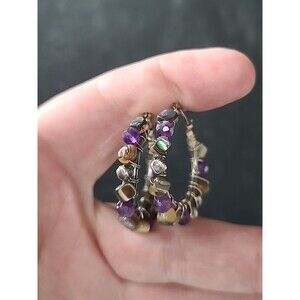 925 Sterling Silver Amethyst Abalone Shell Beaded Hoop Pierced Earrings Vintage